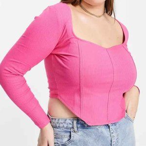 ASOS DESIGN Curve rib fitted corset top with ultra wide neck in bright pink